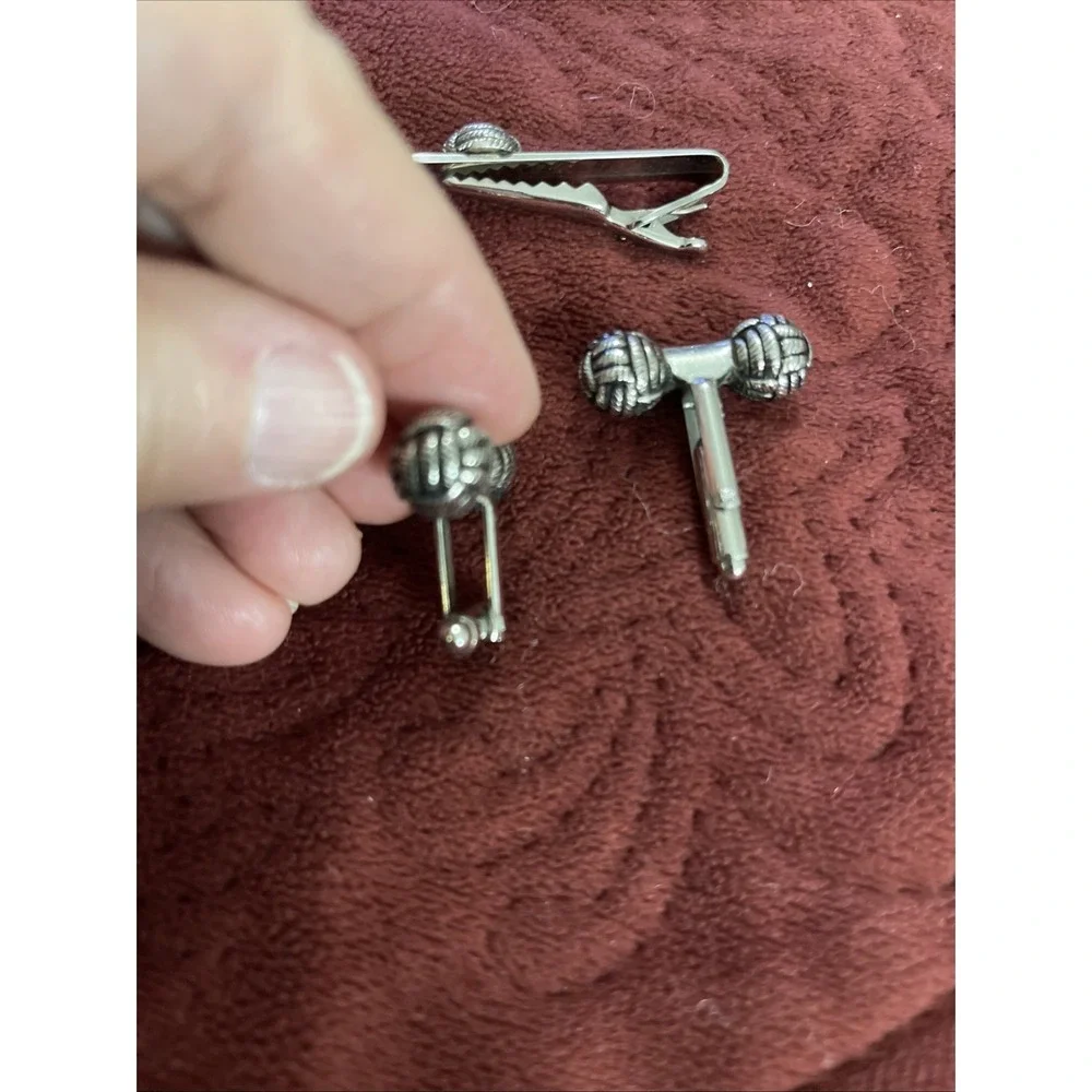 Vintage Cufflinks & Tie Clip With Love Knot Motif, Silvertone - Heavy Turks Head